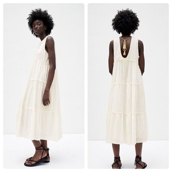 Zara Long Embroidered Dress New Ecru - Picture 3 of 5